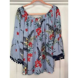 Grand Greene 1X Blue Stripe Floral Bell Sleeve Off Shoulder Tropical Vacation